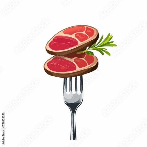 Slices of beef steak on vintage fork isolated on white