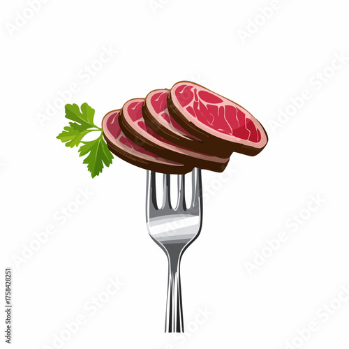 Slices of beef steak on vintage fork isolated on white