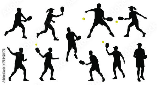 Collection of pickleball players in action silhouette isolated on white background