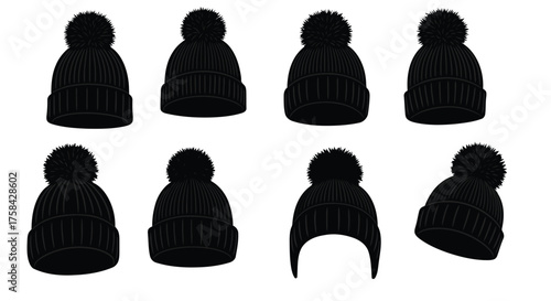 Collection of black winter beanies with pom poms silhouette isolated on white background