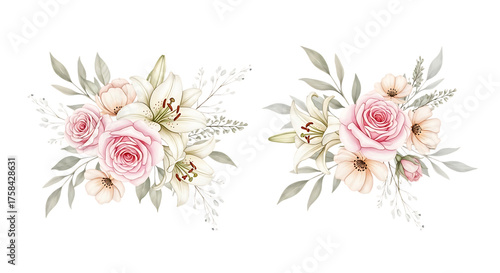 Delicate watercolor floral arrangements featuring soft pink roses and creamy lilies isolated on white background