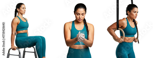 Calisthenics woman on dip bars with chalk hands and gymnastic rings set, calisthenics woman, gymnastics woman, Isolated on transparent background, png