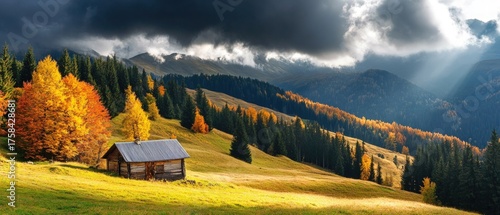 Autumn Cabin in Mountain Landscape