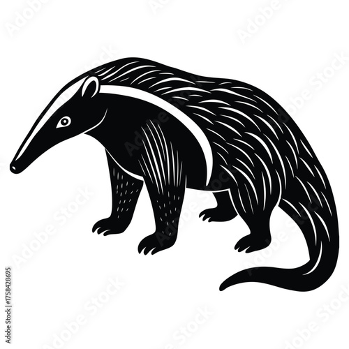 Stylized black and white linocut illustration of a giant anteater walking on a white background