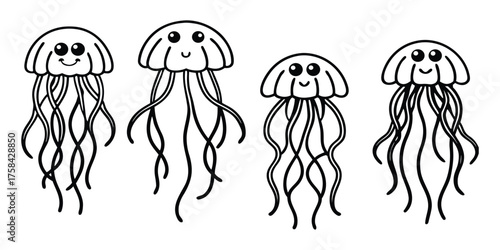 Cute cartoon jellyfish characters with flowing tentacles in a simple black and white line drawing style