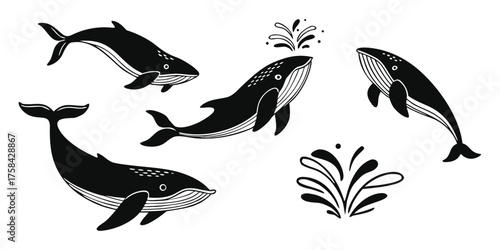 Whimsical black and white illustration of five different whales swimming and breaching with decorative sea flora elements