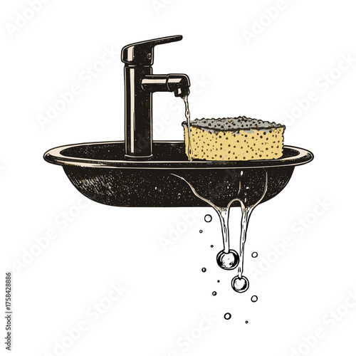 Faucet dripping water onto sponge with creative style and empty space for text