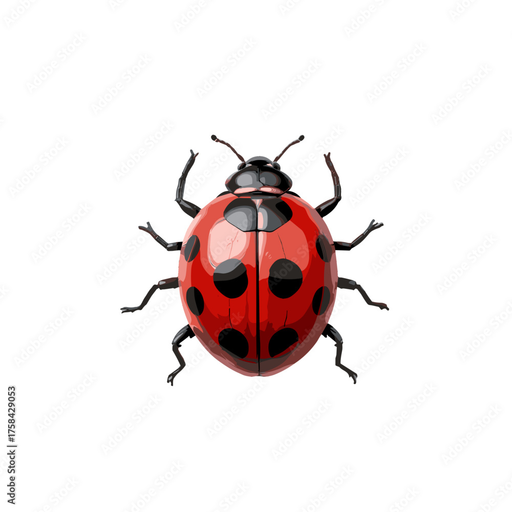Fototapeta premium Stylized red ladybug with black spots, isolated on a white background, clean design, copy space 