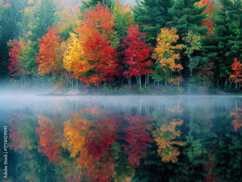Autumn Foliage Reflection on Misty Lake