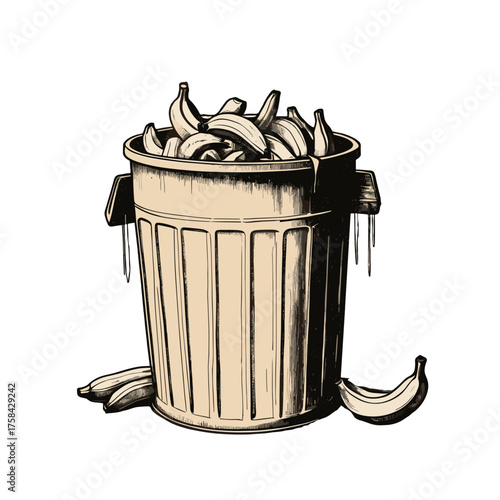 Trash bin filled with scrap paper in humorous style and empty space for text