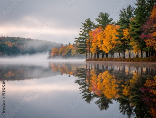 Autumn Reflections on a Misty Lake