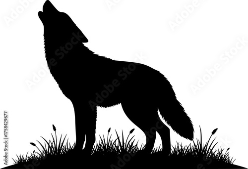Coyote Howling Silhouette. This image shows a black silhouette of a howling coyote, also referred to as a wolf silhouette or wild canine. Vector clipart illustration design