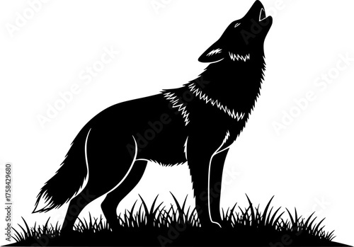 Coyote Howling Silhouette. This image shows a black silhouette of a howling coyote, also referred to as a wolf silhouette or wild canine. Vector clipart illustration design