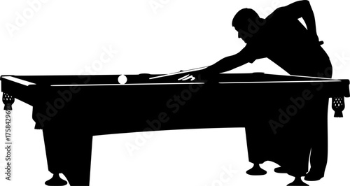 Billiards silhouette. This image shows a silhouette of a billiards player aiming with a cue stick at a billiard ball on a table. Vector clipart illustration design