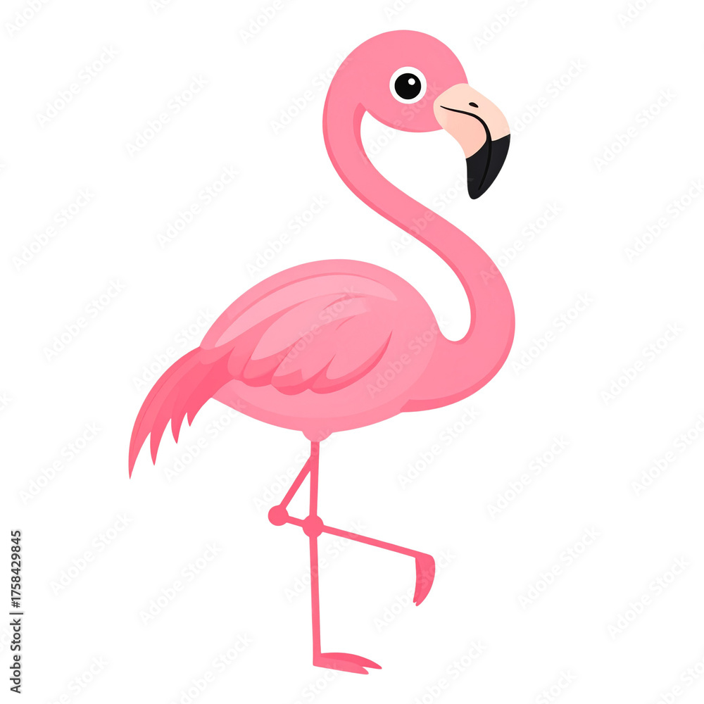 Fototapeta premium PNG cartoon of a cute flamingo standing on one leg in a playful pose, perfect for tropical, fun, wildlife, and summer-themed creative projects with transparent background.