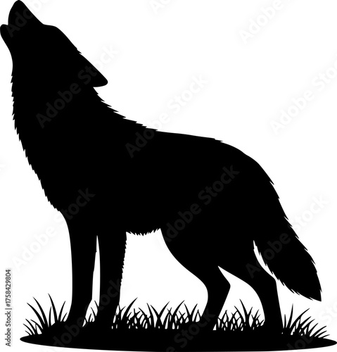 Coyote Howling Silhouette. This image shows a black silhouette of a howling coyote, also referred to as a wolf silhouette or wild canine. Vector clipart illustration design