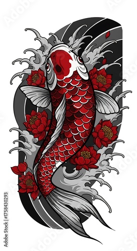Wallpaper Mural Traditional Japanese koi fish illustration with lotus flowers and water waves, symbolizing strength, luck, and perseverance in elegant tattoo art style Torontodigital.ca