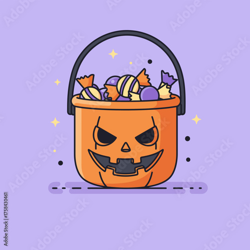 A cartoon illustration of a Halloween pumpkin bucket filled with colorful candies.