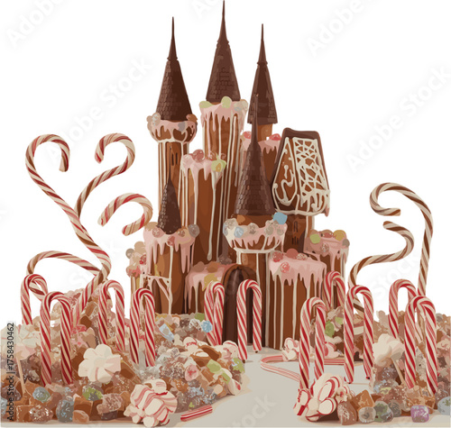 Elaborate gingerbread castle adorned with candy canes sweets and sugary delights