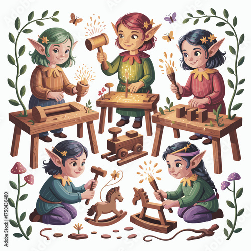Elves craft wooden toys with hammers and chisels in a whimsical workshop surrounded by nature