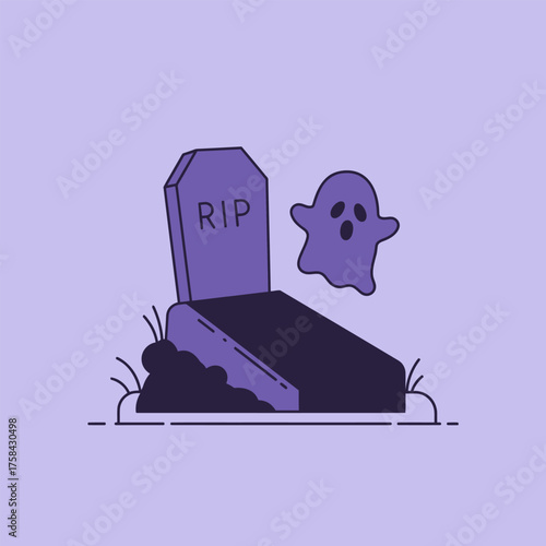 Cartoon illustration of a tombstone with RIP and a ghost on a purple background.