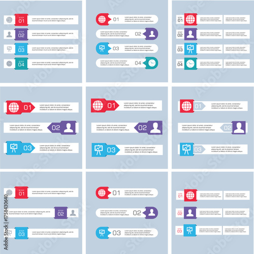 Set of four colorful infographic templates with icons for data visualization and presentation.
Collection of modern flat design user interface elements for web and mobile applications