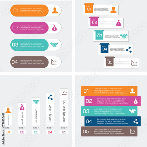 Set of four colorful infographic templates with icons for data visualization and presentation.
Collection of modern flat design user interface elements for web and mobile applications