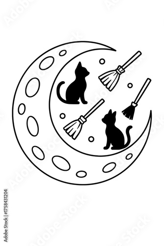Silhouettes of cats and brooms on crescent moon for детские раскраски  