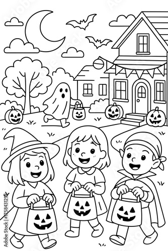 Children collecting candy in Halloween costumes by haunted house  