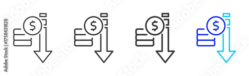 Cost Reduction Icon Set Collection in Creative Outline Style for Industrial Engineering Business Featuring Multiple Thickness Variations and Modern Vector Design