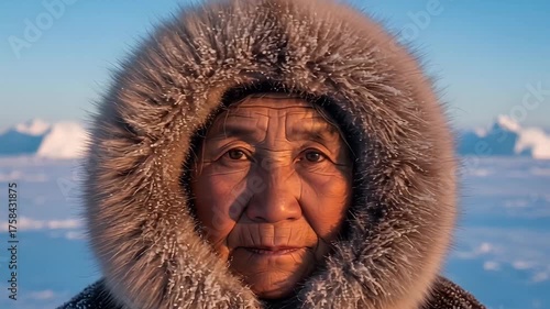Elderly woman in fur hood, arctic landscape behind, sunlight, weather-beaten face