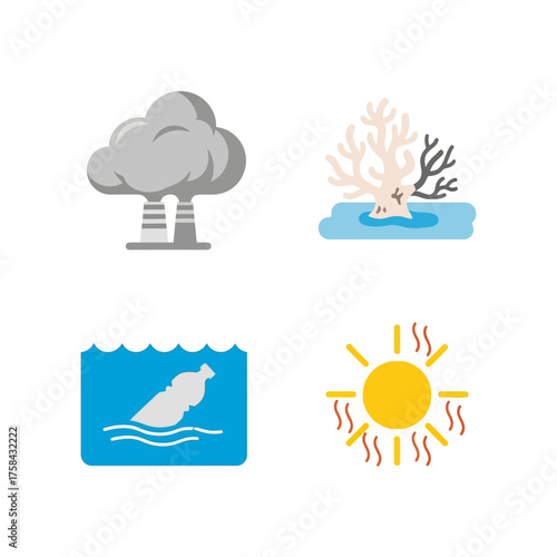 A collection of flat icons illustrating environmental problems: air pollution, coral bleaching, plastic waste, and global warming.