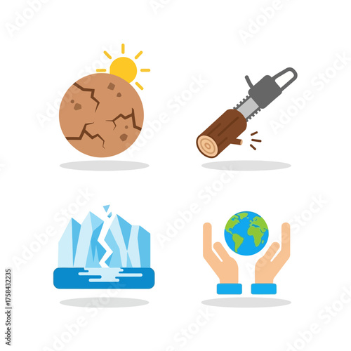 A set of four environmental icons depicting drought, deforestation, melting glaciers, and global earth protection, illustrating climate change impacts and solutions.