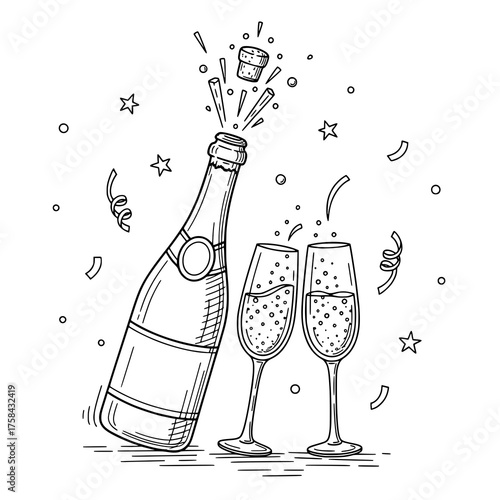 A festive hand sketched doodle of a champagne bottle and glasses, celebrating the New Year. 2026.