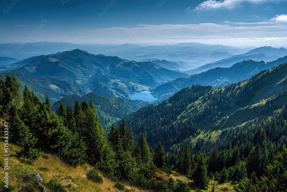 Fototapeta premium Panoramic View of Lush Green Mountain Range and Valley with Lake Under Soft Sunlight