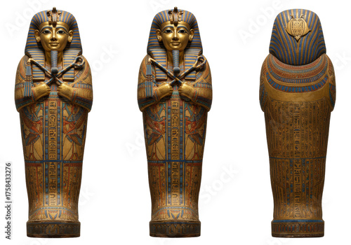 Tableau sur toile Isolated Ancient Egyptian Sarcophagi, gilded and decorated with royal symbols an
