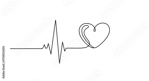 Continuous line art drawing of an electrocardiogram (ECG) pulse tracing culminating in a stylized human heart shape, symbolizing love, life, and passion