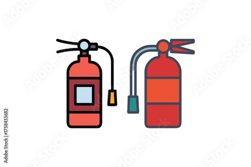 Two colorful fire extinguishers displayed with simple line art illustration