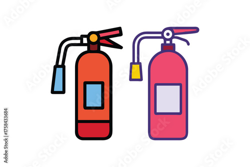 Two fire extinguishers depicted in a simple colorful flat design style