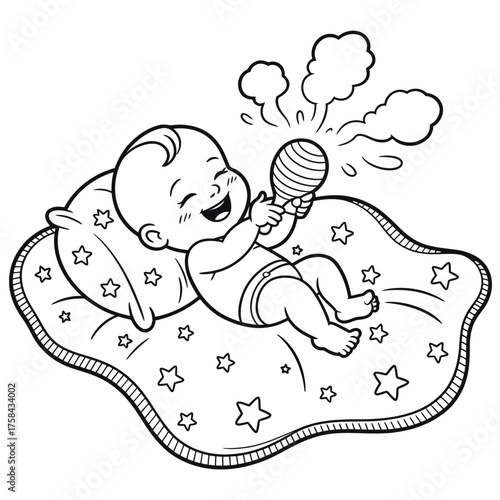 Joyful baby with rattle line drawing vector illustration scalable eps newborn fun silhouette