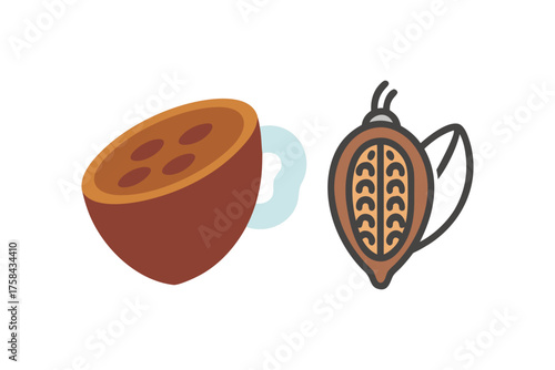 Illustration of a cocoa pod split and whole with a leaf