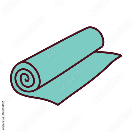 A rolled-up turquoise mat for yoga, pilates, or general fitness. This portable equipment is essential for comfortable floor exercises, stretching, and meditation at home or in the gym.
