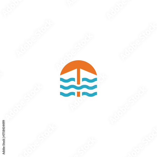 Abstract and minimalist vector logo illustration of an umbrella or protective shelter over stylized blue ocean waves