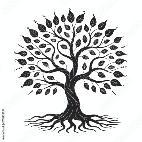 Striking black and white illustration of a flourishing tree with detailed roots and leaves scalable vector silhouette