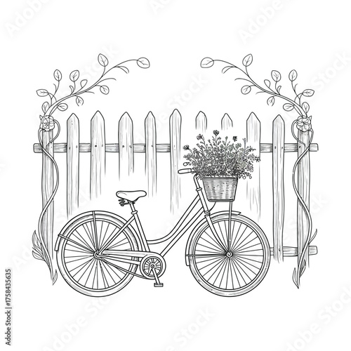 Vintage bicycle with flower basket and picket fence black and white line art illustration scalable vector eps silhouette