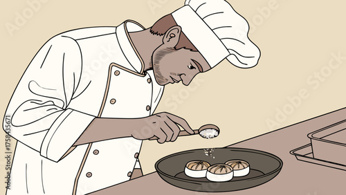 Professional Chef Meticulously Plating and Garnishing a Gourmet Dish with a Spoon in a Modern Kitchen Illustration