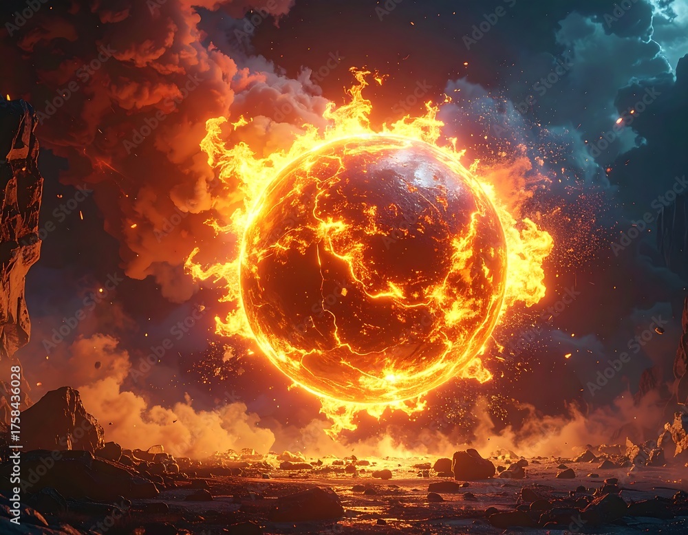 Obraz premium A fiery celestial body surrounded by clouds and rocky terrain