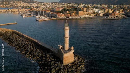 Aerial view of the lighthouse and breakwater in Old Venetian Port of Chania 