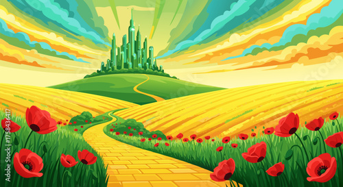 Journey to Emerald City A Whimsical Landscape with Poppies and Golden Path