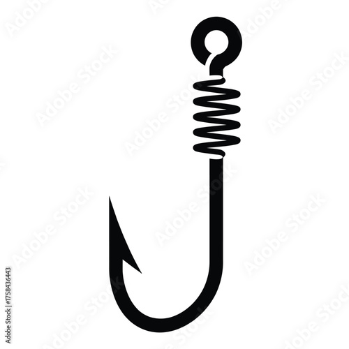 Simple black and white vector illustration of a fishing hook with spring detail silhouette